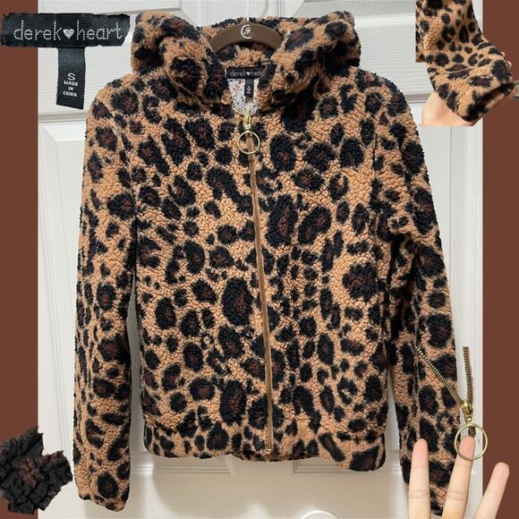 Derek Heart Jaguar Leopard Print Hoodie Jacket Fleece Cat Preppy Cute Size S - Picture 1 of 12